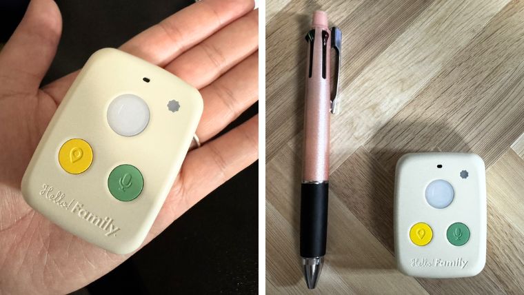 はろここトークを手のひらに置いた写真、はろここトークとボールペンで大きさを比較している写真